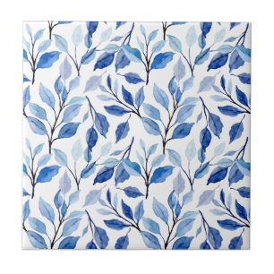 Water Colour Blue Leaf Waves Teal Mosaic Fine Art Tile