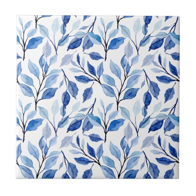 Water Colour Blue Leaf Waves Teal Mosaic Fine Art Tile (Front)