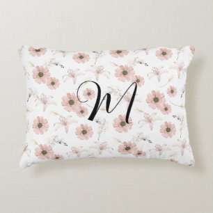 Water Colour Blush Pink Flowers Art Monogram Decorative Cushion