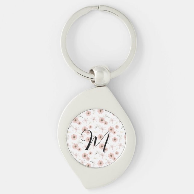 Water Colour Blush Pink Flowers Art Monogram Key Ring (Front)