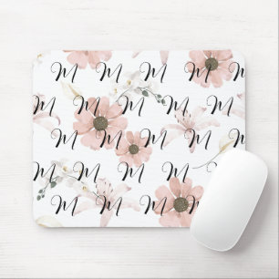 Water Colour Blush Pink Flowers Art Monogram Mouse Pad