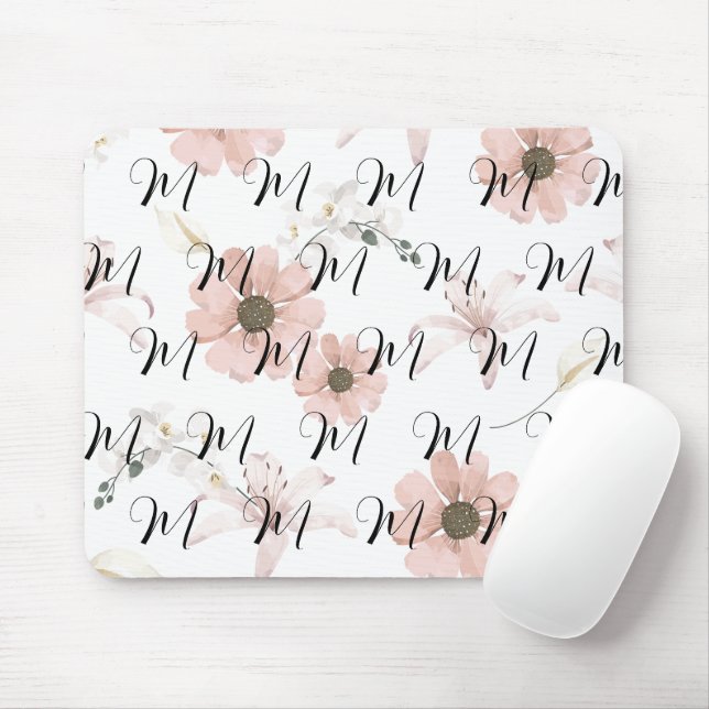 Water Colour Blush Pink Flowers Art Monogram Mouse Pad (With Mouse)