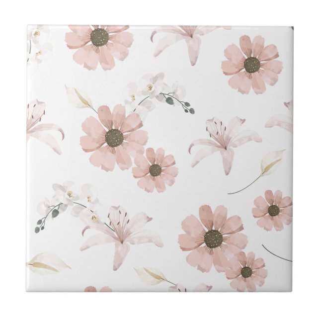 Water Colour Blush Pink Flowers Art Tile (Front)
