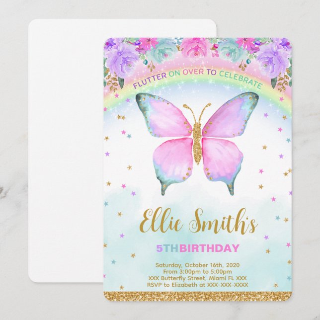 Water Colour Butterfly Birthday Invitation (Front/Back)