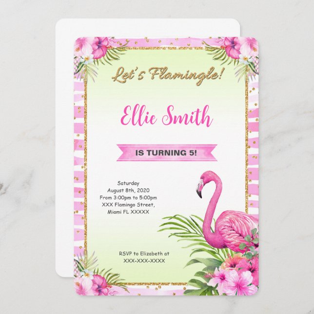 Water Colour Flamingo Birthday Invitation (Front/Back)