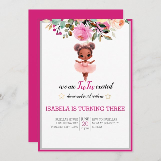 Water Colour Floral Ballerina Dancer Birthday Invitation (Front/Back)