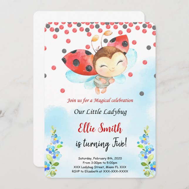 Water Colour Ladybug Birthday Invitation (Front/Back)