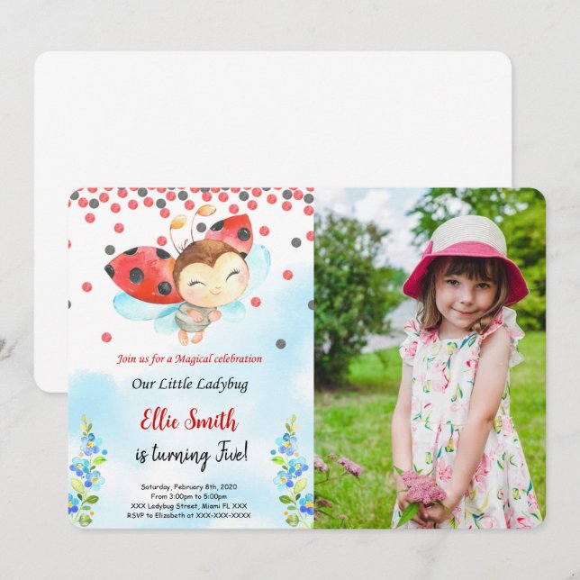 Water Colour Ladybug Birthday Photo Invitation (Front/Back)