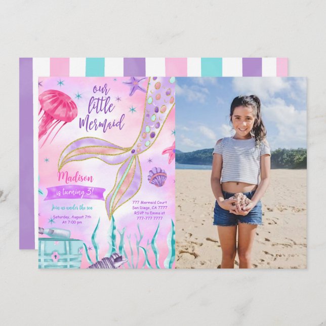 Water Colour Mermaid Photo Invitation (Front/Back)