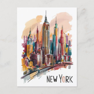 water colour new york city skyline postcard