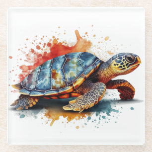 water colour painting of a colourful turtle glass coaster