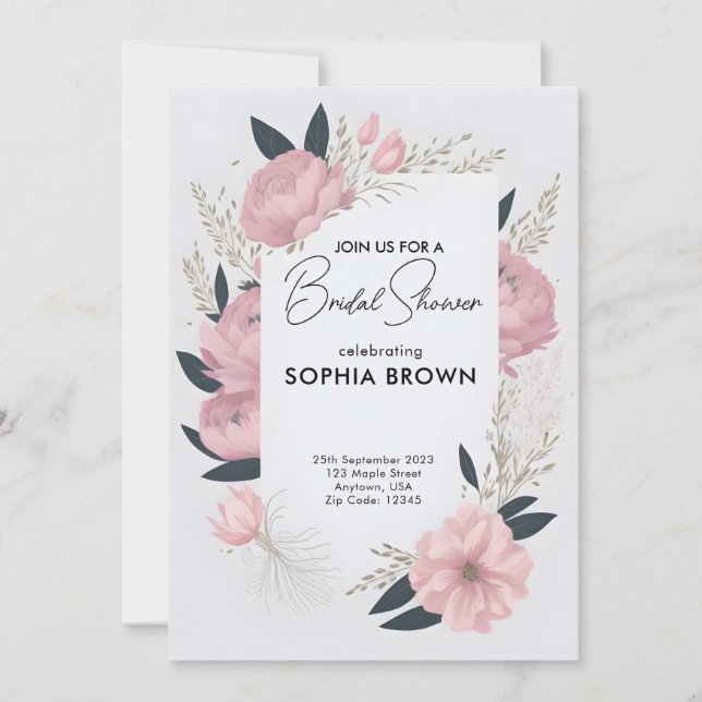 Water colour pink blush floral bridal shower invitation (Front)
