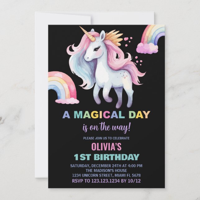 Water colour Rainbow Unicorn Birthday Invitations (Front)