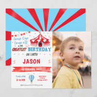 Water Colour Red & Blue Circus Photo Invitation