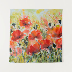 Water colour red poppy flowers painting. Flowers i Tapestry