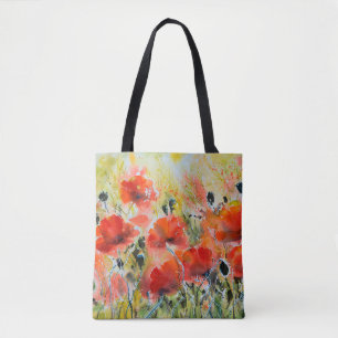 Water colour red poppy flowers painting. Flowers i Tote Bag
