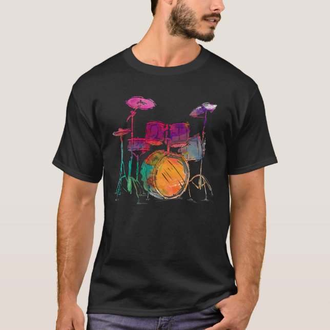 Water Colour Style Drummer Drum Set  Drummer T-Shirt (Front)