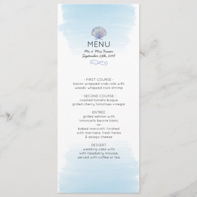 Water colour theme Beach Wedding Menu Card (Front)