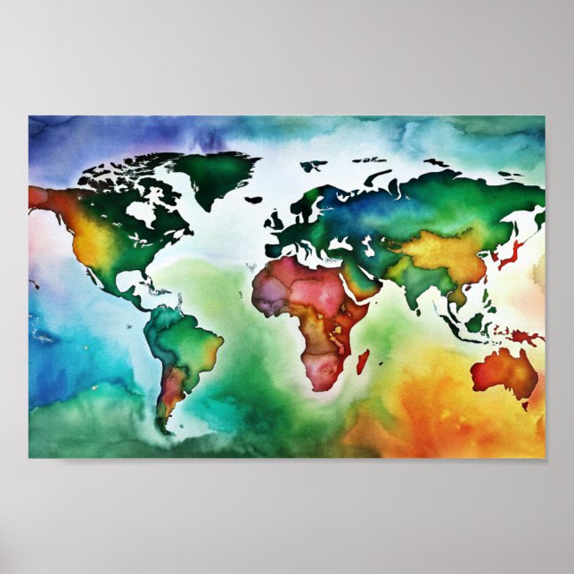 Water Colour Wall Art World Map Poster (Front)