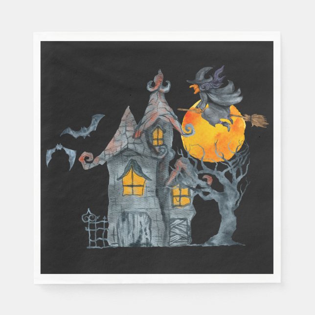 Water colour Witch and spooky  house Halloween Napkin (Front)
