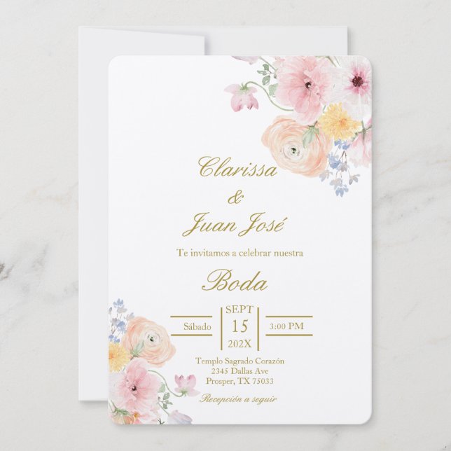 Water coloured floral Spanish wedding  Invitation (Front)