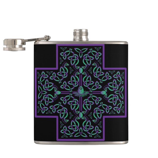 Water Dragon Celtic Cross Hip Flask (Opened)