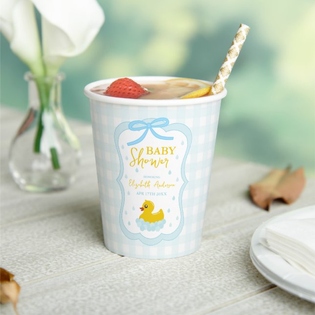 Water Droplets Gingham Boy Baby Shower Paper Cups (Insitu)