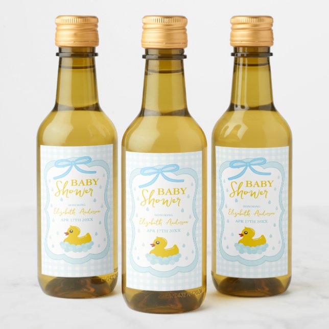 Water Droplets Gingham Boy Baby Shower Wine Label (Bottles)