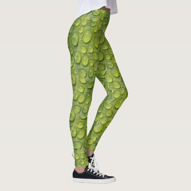 Water Droplets Green Leaf Nature Pattern Leggings (Right)