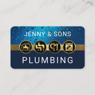 Water Drops Gold Plumbing Icons Business Card