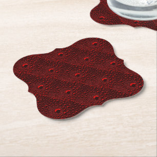 Water Drops on Crimson Metal Paper Coaster