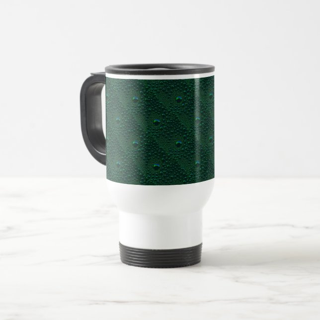 Water Drops on Green Metal Travel Mug (Front Left)