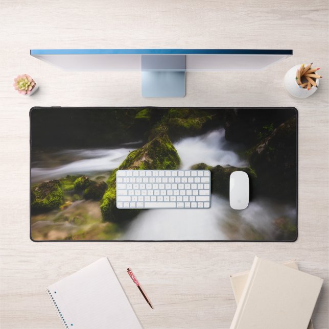 Water flowing through enchanted mossy forest desk mat (Office 1)