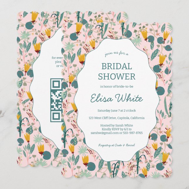 Water Garden Floral Bridal Shower Cute CUSTOM QR Invitation (Front/Back)