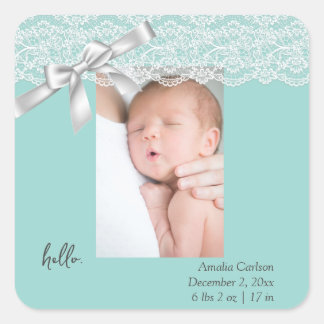 Water Green Lace Birth Announcement  Square Sticker