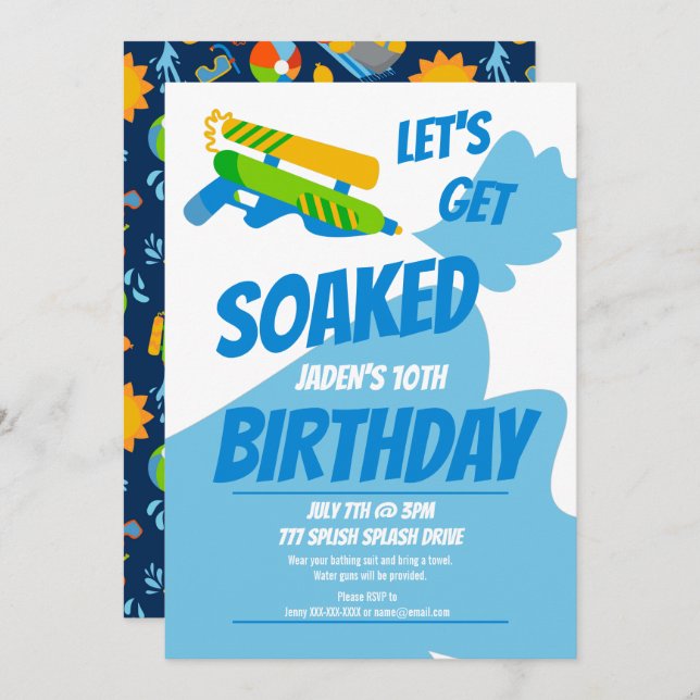 Water Gun Battle Pool Party Kids Summer Birthday Invitation (Front/Back)