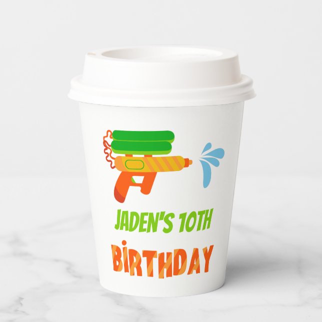 Water Gun Battle Pool Party Kids Summer Birthday Paper Cups (Back)