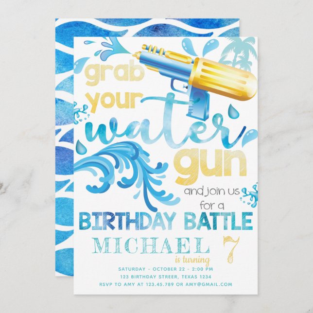 Water Gun Summer Birthday Party for Boy Invitation (Front/Back)