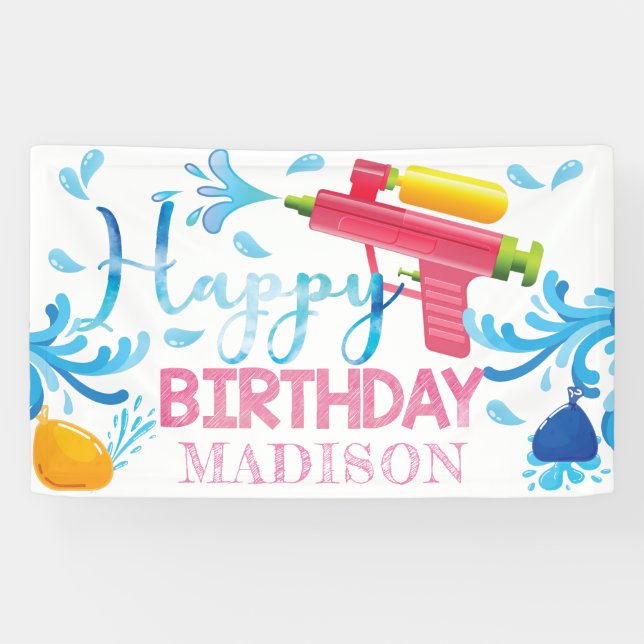 Water Gun Summer Girl Birthday Personalised Banner (Horizontal)