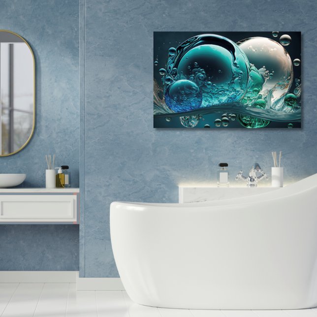 Water in Motion: Horizontal Teal & White Bubbles Canvas Print (Printed Canvas Abstract Bubbles in Teals, Blues, and White. Modern Bathroom Spa Decor)
