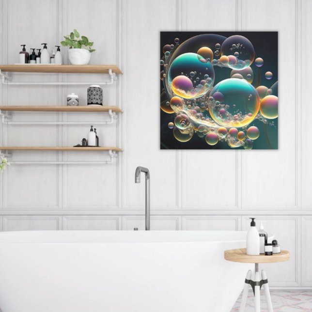 Water in Motion: Teal & White Bubbles Canvas Print (Printed Canvas Art Abstract Modern Teal Purple Yellow Bubbles Spa and Bathroom Decor)