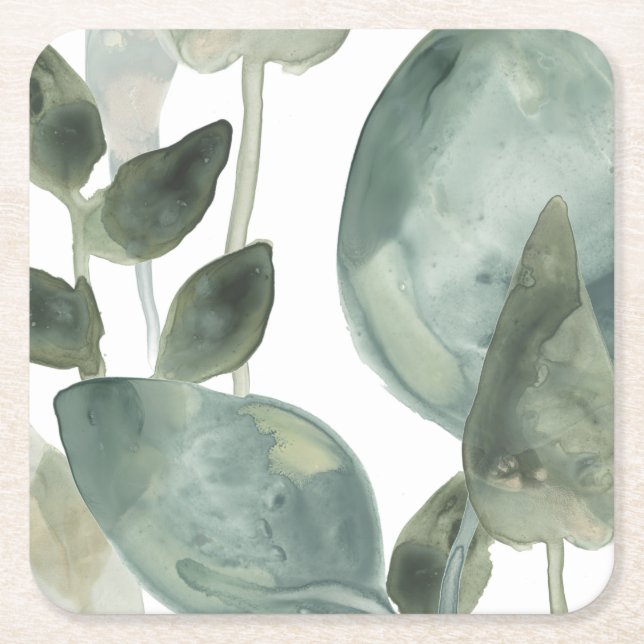 Water Leaves - Watercolor Square Paper Coaster (Front)