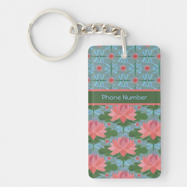 Water Lilies and Dragonflies Custom Keychain (Front)