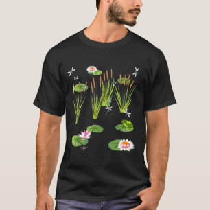 Water Lilies And Dragonflies With Frog On Lily Pad T-Shirt