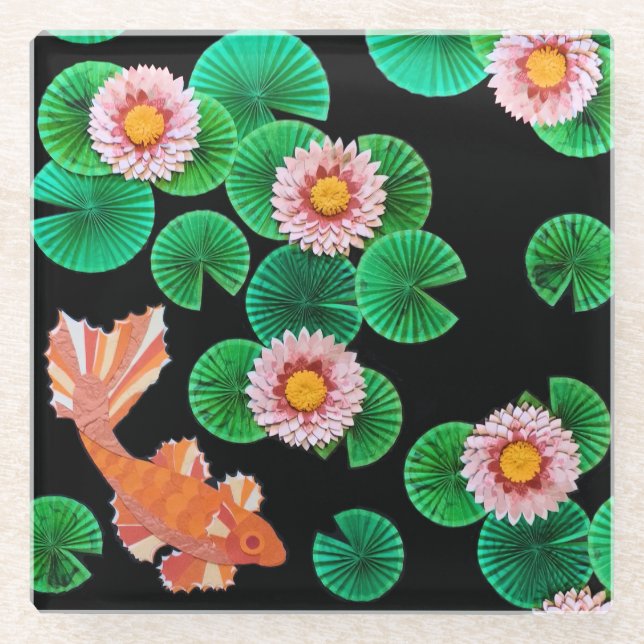 Water Lilies and Koi Fish Glass Coaster (Front)