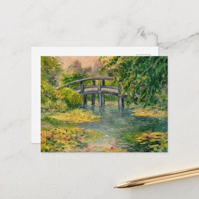 Water Lilies by Claude Monet, Bridge, Sunset Postcard (Front/Back In Situ)