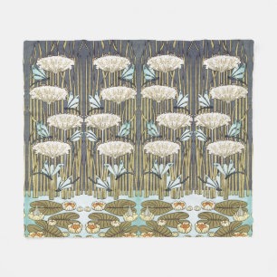 Water Lilies,Dragonflies,Marsh Art Nouveau Fleece Blanket