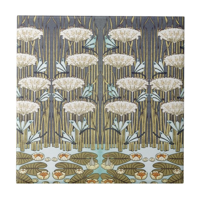 Water Lilies,Dragonflies,Marsh Art Nouveau Tile (Front)