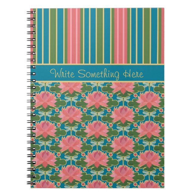 Water Lilies, Dragonflies, Stripes Spiral Notebook (Front)