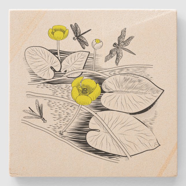 Water-lilies engraving stone coaster (Front)